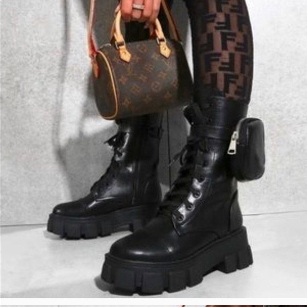 Black  Ankle Pouch Combat Boots